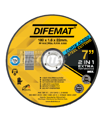 DISCO DE CORTE PARA ACERO INOXIDABLE 7" 180 X 1,6 X 22 - DIFEMAT®